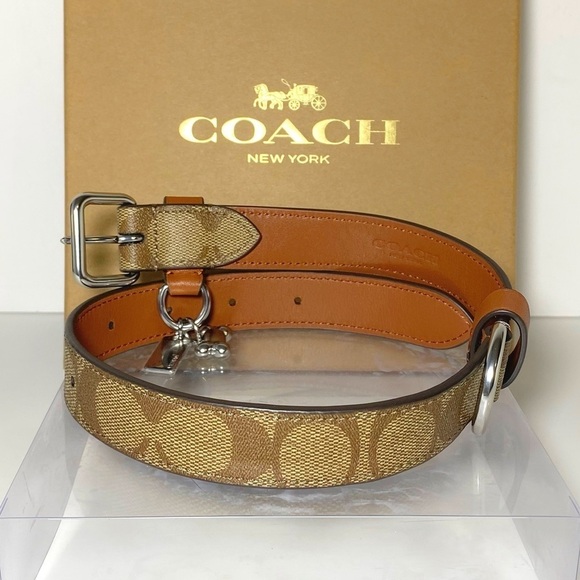 Coach Dog Collar + Apple AirTag Tracker! Brown Khaki Signature C Size Large - Picture 3 of 12